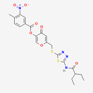 molecular formula C22H22N4O7S2 B2425842 6-(((5-(2-ethylbutanamido)-1,3,4-thiadiazol-2-yl)thio)methyl)-4-oxo-4H-pyran-3-yl 4-methyl-3-nitrobenzoate CAS No. 877652-15-8