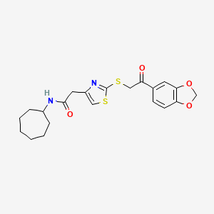 molecular formula C21H24N2O4S2 B2425957 2-(2-((2-(benzo[d][1,3]dioxol-5-yl)-2-oxoethyl)thio)thiazol-4-yl)-N-cycloheptylacetamide CAS No. 1020980-29-3