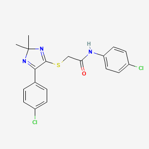 molecular formula C19H17Cl2N3OS B2425970 N-(4-chlorophenyl)-2-((5-(4-chlorophenyl)-2,2-dimethyl-2H-imidazol-4-yl)thio)acetamide CAS No. 899905-88-5