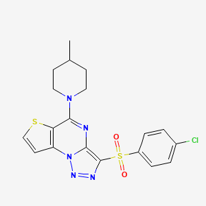 molecular formula C19H18ClN5O2S2 B2425976 3-((4-Chlorophenyl)sulfonyl)-5-(4-methylpiperidin-1-yl)thieno[2,3-e][1,2,3]triazolo[1,5-a]pyrimidine CAS No. 892737-29-0