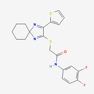 molecular formula C20H19F2N3OS2 B2426006 N-(3,4-difluorophenyl)-2-((3-(thiophen-2-yl)-1,4-diazaspiro[4.5]deca-1,3-dien-2-yl)thio)acetamide CAS No. 1223940-58-6
