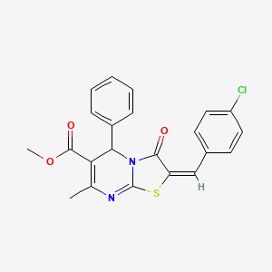 molecular formula C22H17ClN2O3S B2426030 (E)-methyl 2-(4-chlorobenzylidene)-7-methyl-3-oxo-5-phenyl-3,5-dihydro-2H-thiazolo[3,2-a]pyrimidine-6-carboxylate CAS No. 211929-32-7