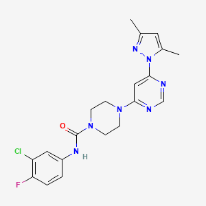 molecular formula C20H21ClFN7O B2426039 N-(3-chloro-4-fluorophenyl)-4-(6-(3,5-dimethyl-1H-pyrazol-1-yl)pyrimidin-4-yl)piperazine-1-carboxamide CAS No. 1171419-81-0