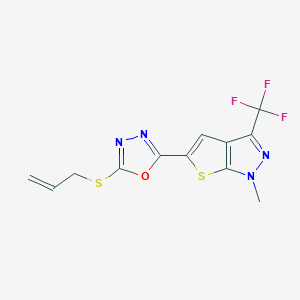 molecular formula C12H9F3N4OS2 B2426060 5-[5-(allylsulfanyl)-1,3,4-oxadiazol-2-yl]-1-methyl-3-(trifluoromethyl)-1H-thieno[2,3-c]pyrazole CAS No. 339103-31-0