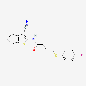 molecular formula C18H17FN2OS2 B2426085 N-(3-cyano-5,6-dihydro-4H-cyclopenta[b]thiophen-2-yl)-4-((4-fluorophenyl)thio)butanamide CAS No. 942003-22-7