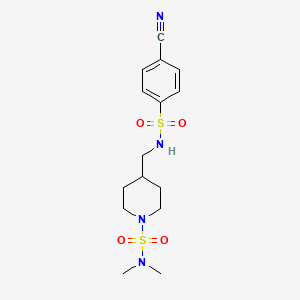 molecular formula C15H22N4O4S2 B2426092 4-((4-氰基苯磺酰胺基)甲基)-N,N-二甲基哌啶-1-磺酰胺 CAS No. 2034601-79-9