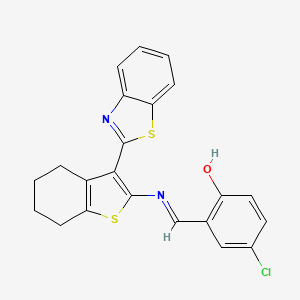 molecular formula C22H17ClN2OS2 B2426102 (E)-2-(((3-(benzo[d]thiazol-2-yl)-4,5,6,7-tetrahydrobenzo[b]thiophen-2-yl)imino)methyl)-4-chlorophenol CAS No. 389065-43-4