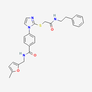 molecular formula C26H26N4O3S B2426116 N-((5-甲基呋喃-2-基)甲基)-4-(2-((2-氧代-2-(苯乙胺基)乙基)硫代)-1H-咪唑-1-基)苯甲酰胺 CAS No. 1207003-59-5