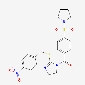molecular formula C21H22N4O5S2 B2426117 (2-((4-nitrobenzyl)thio)-4,5-dihydro-1H-imidazol-1-yl)(4-(pyrrolidin-1-ylsulfonyl)phenyl)methanone CAS No. 851802-56-7