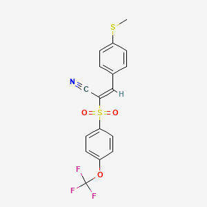 molecular formula C17H12F3NO3S2 B2426127 3-(4-Methylthiophenyl)-2-((4-(trifluoromethoxy)phenyl)sulfonyl)prop-2-enenitrile CAS No. 1025594-71-1