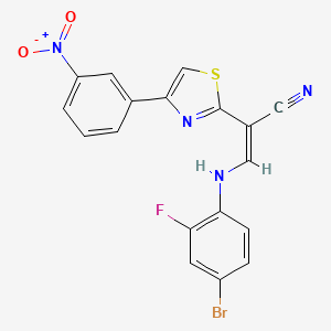 molecular formula C18H10BrFN4O2S B2426252 (Z)-3-((4-溴-2-氟苯基)氨基)-2-(4-(3-硝基苯基)噻唑-2-基)丙烯腈 CAS No. 477298-72-9
