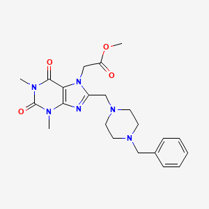 molecular formula C22H28N6O4 B2426259 醋酸甲基{8-[(4-苄基哌嗪-1-基)甲基]-1,3-二甲基-2,6-二氧代-1,2,3,6-四氢-7H-嘌呤-7-基} CAS No. 578762-37-5