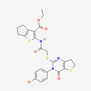 molecular formula C24H22BrN3O4S3 B2426310 ethyl 2-[({[3-(4-bromophenyl)-4-oxo-3,4,6,7-tetrahydrothieno[3,2-d]pyrimidin-2-yl]sulfanyl}acetyl)amino]-5,6-dihydro-4H-cyclopenta[b]thiophene-3-carboxylate CAS No. 850915-89-8