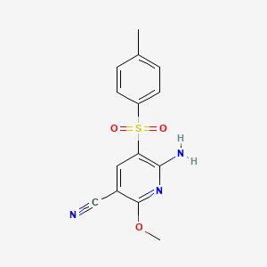 molecular formula C14H13N3O3S B2426314 6-Amino-2-methoxy-5-[(4-methylphenyl)sulfonyl]nicotinonitrile CAS No. 338774-42-8