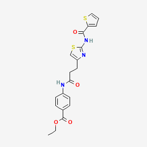 molecular formula C20H19N3O4S2 B2426389 Ethyl 4-(3-(2-(thiophene-2-carboxamido)thiazol-4-yl)propanamido)benzoate CAS No. 1021092-00-1