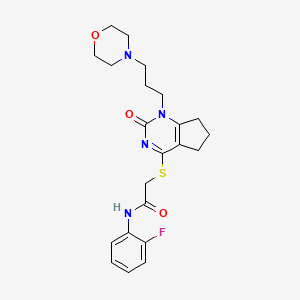 molecular formula C22H27FN4O3S B2426427 N-(2-fluorophenyl)-2-((1-(3-morpholinopropyl)-2-oxo-2,5,6,7-tetrahydro-1H-cyclopenta[d]pyrimidin-4-yl)thio)acetamide CAS No. 898444-90-1