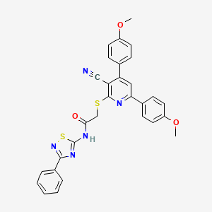 molecular formula C30H23N5O3S2 B2426428 2-[3-氰基-4,6-双(4-甲氧基苯基)吡啶-2-基]硫代-N-(3-苯基-1,2,4-噻二唑-5-基)乙酰胺 CAS No. 690960-94-2