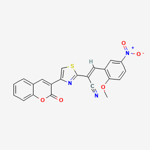 molecular formula C22H13N3O5S B2426468 (E)-3-(2-甲氧基-5-硝基苯基)-2-(4-(2-氧代-2H-色烯-3-基)噻唑-2-基)丙烯腈 CAS No. 683256-14-6