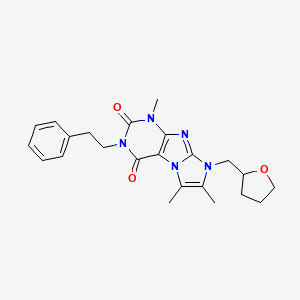 molecular formula C23H27N5O3 B2426510 1,6,7-三甲基-3-(2-苯乙基)-8-(四氢呋喃-2-基甲基)-1H-咪唑并[2,1-f]嘌呤-2,4(3H,8H)-二酮 CAS No. 876674-93-0