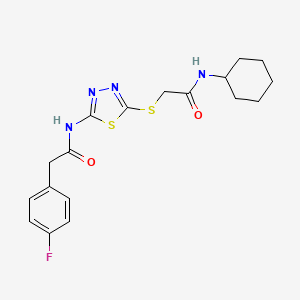 molecular formula C18H21FN4O2S2 B2426539 N-cyclohexyl-2-((5-(2-(4-fluorophenyl)acetamido)-1,3,4-thiadiazol-2-yl)thio)acetamide CAS No. 868977-33-7