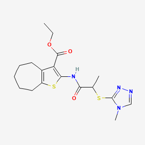 molecular formula C18H24N4O3S2 B2426558 ethyl 2-(2-((4-methyl-4H-1,2,4-triazol-3-yl)thio)propanamido)-5,6,7,8-tetrahydro-4H-cyclohepta[b]thiophene-3-carboxylate CAS No. 403844-75-7