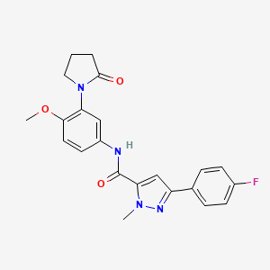 molecular formula C22H21FN4O3 B2426562 3-(4-fluorophenyl)-N-(4-methoxy-3-(2-oxopyrrolidin-1-yl)phenyl)-1-methyl-1H-pyrazole-5-carboxamide CAS No. 1396628-06-0