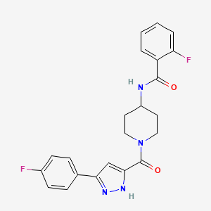 molecular formula C22H20F2N4O2 B2426639 2-fluoro-N-(1-(3-(4-fluorophenyl)-1H-pyrazole-5-carbonyl)piperidin-4-yl)benzamide CAS No. 1319197-48-2