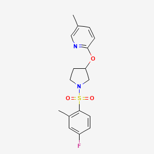 molecular formula C17H19FN2O3S B2426663 2-((1-((4-Fluoro-2-methylphenyl)sulfonyl)pyrrolidin-3-yl)oxy)-5-methylpyridine CAS No. 1904098-88-9