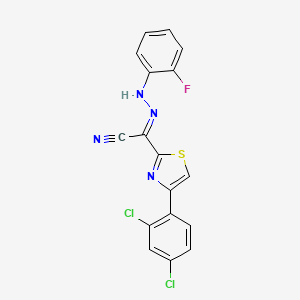 molecular formula C17H9Cl2FN4S B2426689 (2E)-4-(2,4-dichlorophenyl)-N-(2-fluoroanilino)-1,3-thiazole-2-carboximidoyl cyanide CAS No. 477190-60-6