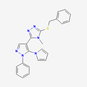 molecular formula C23H20N6S B2426752 3-(benzylsulfanyl)-4-methyl-5-[1-phenyl-5-(1H-pyrrol-1-yl)-1H-pyrazol-4-yl]-4H-1,2,4-triazole CAS No. 956741-68-7