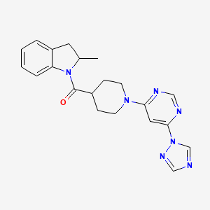 molecular formula C21H23N7O B2426755 (1-(6-(1H-1,2,4-triazol-1-yl)pyrimidin-4-yl)piperidin-4-yl)(2-methylindolin-1-yl)methanone CAS No. 1797562-64-1