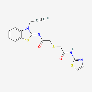 molecular formula C17H14N4O2S3 B2426817 2-[2-氧代-2-[(3-丙-2-炔基-1,3-苯并噻唑-2-亚甲基)氨基]乙基]硫代-N-(1,3-噻唑-2-基)乙酰胺 CAS No. 851717-44-7