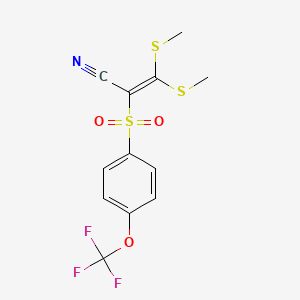 molecular formula C12H10F3NO3S3 B2426854 3,3-Dimethylthio-2-((4-(trifluoromethoxy)phenyl)sulfonyl)prop-2-enenitrile CAS No. 1024436-77-8
