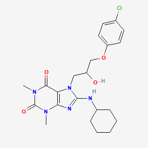molecular formula C22H28ClN5O4 B2426932 7-(3-(4-chlorophenoxy)-2-hydroxypropyl)-8-(cyclohexylamino)-1,3-dimethyl-1H-purine-2,6(3H,7H)-dione CAS No. 941965-69-1