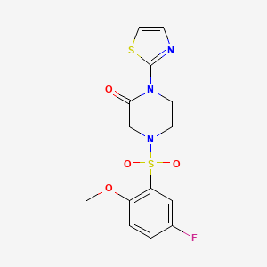 molecular formula C14H14FN3O4S2 B2427180 4-((5-Fluoro-2-methoxyphenyl)sulfonyl)-1-(thiazol-2-yl)piperazin-2-one CAS No. 2320212-89-1