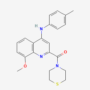 molecular formula C22H23N3O2S B2427200 (8-甲氧基-4-(对甲苯基氨基)喹啉-2-基)(硫代吗啉)甲酮 CAS No. 1251706-08-7