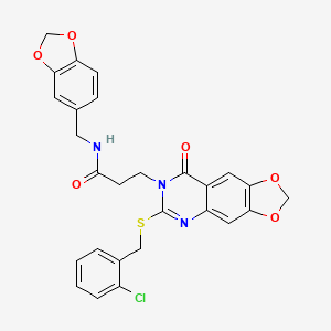 molecular formula C27H22ClN3O6S B2427256 N-(1,3-benzodioxol-5-ylmethyl)-3-[6-[(2-chlorophenyl)methylsulfanyl]-8-oxo-[1,3]dioxolo[4,5-g]quinazolin-7-yl]propanamide CAS No. 896705-55-8