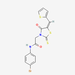 molecular formula C16H11BrN2O2S3 B2427270 (E)-N-(4-bromophenyl)-2-(4-oxo-5-(thiophen-2-ylmethylene)-2-thioxothiazolidin-3-yl)acetamide CAS No. 637318-50-4
