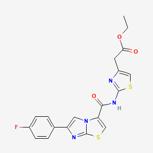molecular formula C19H15FN4O3S2 B2427274 Ethyl 2-(2-(6-(4-fluorophenyl)imidazo[2,1-b]thiazole-3-carboxamido)thiazol-4-yl)acetate CAS No. 1049446-69-6