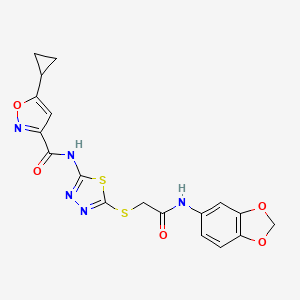 molecular formula C18H15N5O5S2 B2427291 N-(5-((2-(benzo[d][1,3]dioxol-5-ylamino)-2-oxoethyl)thio)-1,3,4-thiadiazol-2-yl)-5-cyclopropylisoxazole-3-carboxamide CAS No. 1219912-89-6