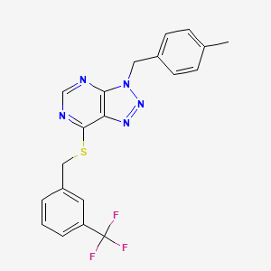 molecular formula C20H16F3N5S B2427343 3-[(4-Methylphenyl)methyl]-7-[[3-(trifluoromethyl)phenyl]methylsulfanyl]triazolo[4,5-d]pyrimidine CAS No. 896678-19-6