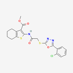 molecular formula C20H18ClN3O4S2 B2427344 Methyl 2-(2-((5-(2-chlorophenyl)-1,3,4-oxadiazol-2-yl)thio)acetamido)-4,5,6,7-tetrahydrobenzo[b]thiophene-3-carboxylate CAS No. 941911-32-6