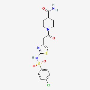 molecular formula C17H19ClN4O4S2 B2427364 1-(2-(2-(4-氯苯磺酰胺)噻唑-4-基)乙酰)哌啶-4-甲酰胺 CAS No. 921926-21-8