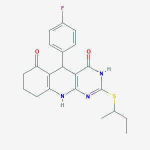 molecular formula C21H22FN3O2S B2427439 2-(butan-2-ylsulfanyl)-5-(4-fluorophenyl)-5,8,9,10-tetrahydropyrimido[4,5-b]quinoline-4,6(3H,7H)-dione CAS No. 631853-61-7