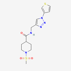 molecular formula C14H19N5O3S2 B2427464 1-(甲基磺酰基)-N-((1-(噻吩-3-基)-1H-1,2,3-三唑-4-基)甲基)哌啶-4-甲酰胺 CAS No. 2034426-83-8