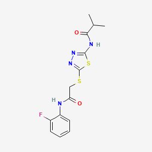 molecular formula C14H15FN4O2S2 B2427472 N-(5-((2-((2-氟苯基)氨基)-2-氧代乙基)硫代)-1,3,4-噻二唑-2-基)异丁酰胺 CAS No. 392297-97-1