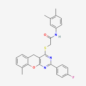 molecular formula C28H24FN3O2S B2427482 N-(3,4-dimethylphenyl)-2-((2-(4-fluorophenyl)-9-methyl-5H-chromeno[2,3-d]pyrimidin-4-yl)thio)acetamide CAS No. 866873-18-9