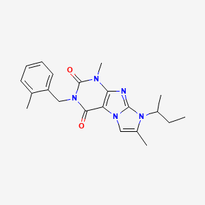 molecular formula C21H25N5O2 B2427489 1,7-Dimethyl-3-[(2-methylphenyl)methyl]-8-(methylpropyl)-1,3,5-trihydro-4-imid azolino[1,2-h]purine-2,4-dione CAS No. 919041-48-8