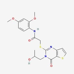 molecular formula C19H21N3O5S2 B2427491 N-(2,4-dimethoxyphenyl)-2-((3-(2-hydroxypropyl)-4-oxo-3,4-dihydrothieno[3,2-d]pyrimidin-2-yl)thio)acetamide CAS No. 1795441-68-7