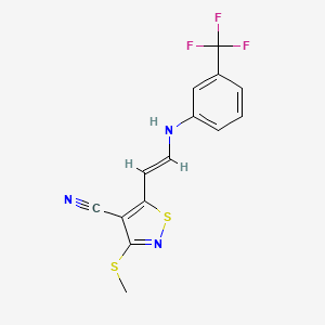 molecular formula C14H10F3N3S2 B2427501 3-(甲硫基)-5-[(E)-2-{[3-(三氟甲基)苯基]氨基}乙烯基]-1,2-噻唑-4-碳腈 CAS No. 338751-25-0